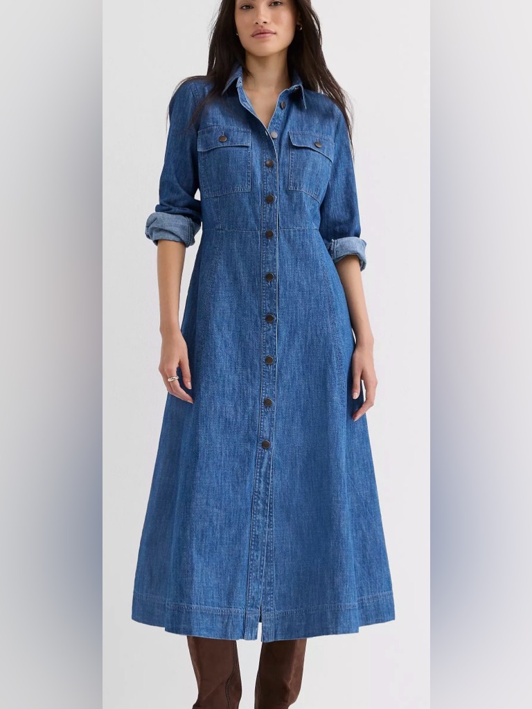 Loft S2 Blue Denim Long-Sleeve Button-Front Maxi Dress-Looks New-Retail $120